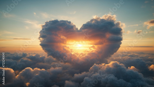 Beautiful Summer sunset sky with heart shaped cloud and colorful vibrant clouds and sun beams across whole sky