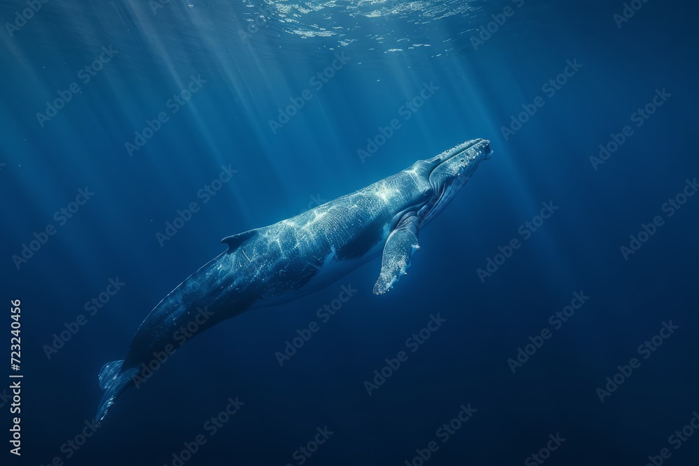 Fototapeta premium A deep-sea view with a majestic blue whale swimming in the midst By Asep