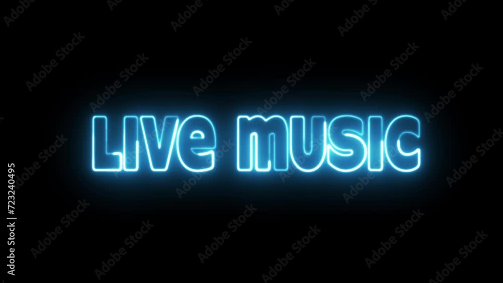 Live Music text font with neon light. Luminous and shimmering haze inside the letters of the text Live Music. Live Music text font with neon light. Luminous and shimmering haze inside the letters of the text Live Music.