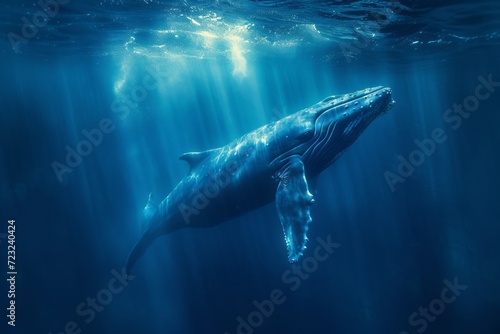 A deep-sea view with a majestic blue whale swimming in the midst By Asep