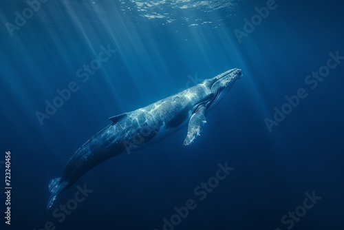 A deep-sea view with a majestic blue whale swimming in the midst By Asep