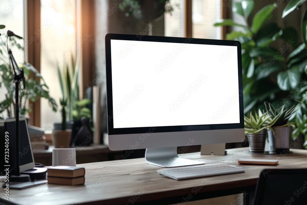 Beautiful background with a modern computer on a desk with a blank white screen for a logo Beautiful background with a modern computer on a desk with a blank white screen for a logo