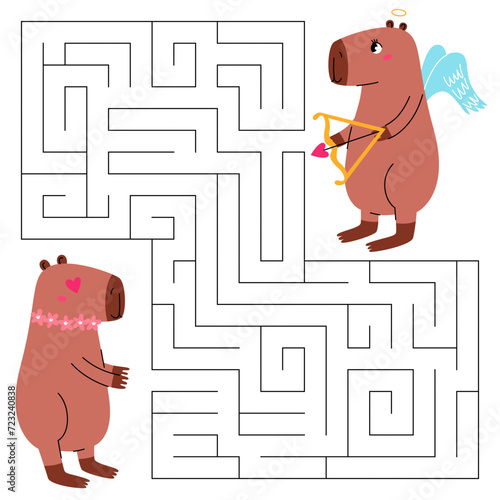 Valentine day maze game for kids. Cute cupid capybara looking for a way to the lovely capybara. Printable worksheet with solution for school and preschool.