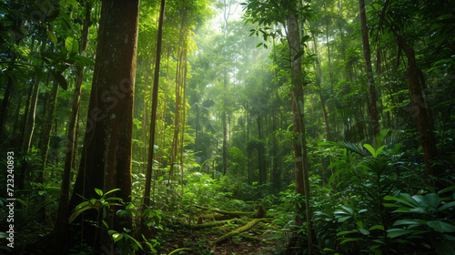 A dense rainforest with towering trees and a lush understory teeming with life. © Legano