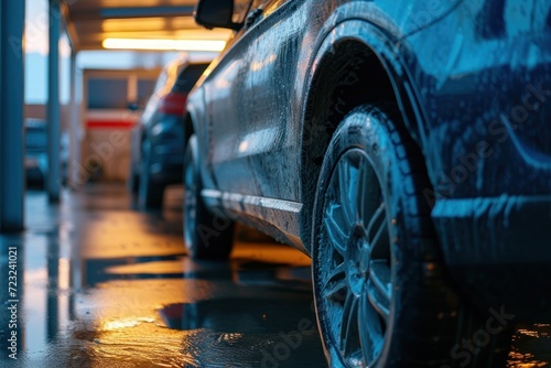 Banner for carwash emphasizing water droplets spray jet on car blurred light blue tones © LimeSky