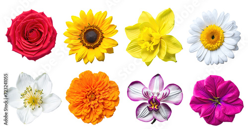 Set of various beautiful blooming flowers isolated on transparent background. Generative AI photo