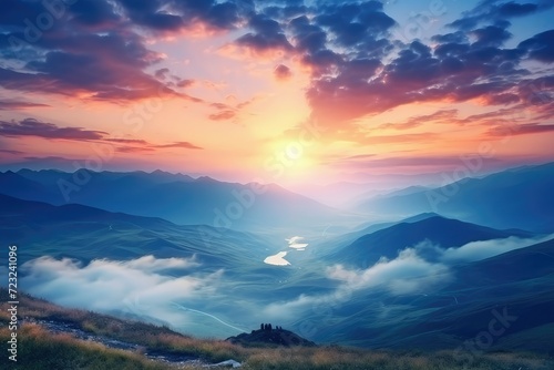 The sun sets over the mountain ranges. Location place Carpathian mountains, Ukraine, Europe. Perfect summertime wallpaper. Image of an magical sunset. Summer vacation. Discover the beauty of earth. © Nognapas