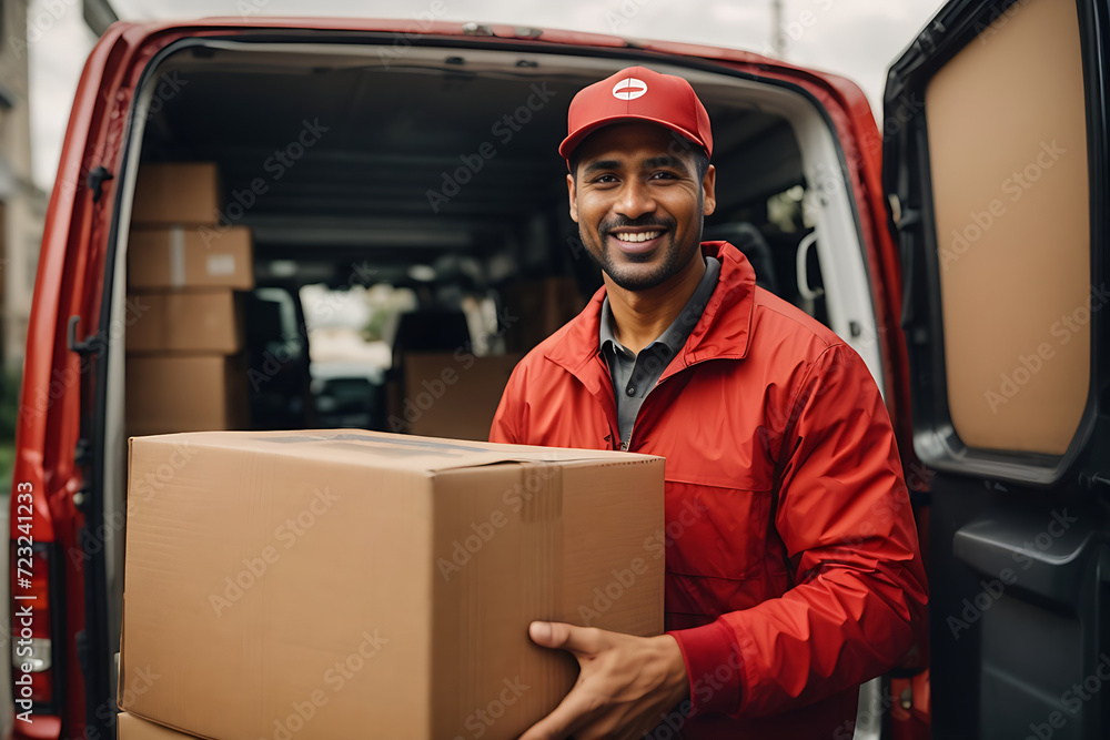 A delivery man in a red cap and uniform holding a parcel box near a van truck delivering to the customer's home. Smiling man postal delivery man delivering a package A delivery man in a red cap and uniform holding a parcel box near a van truck delivering to the customer's home. Smiling man postal delivery man delivering a package