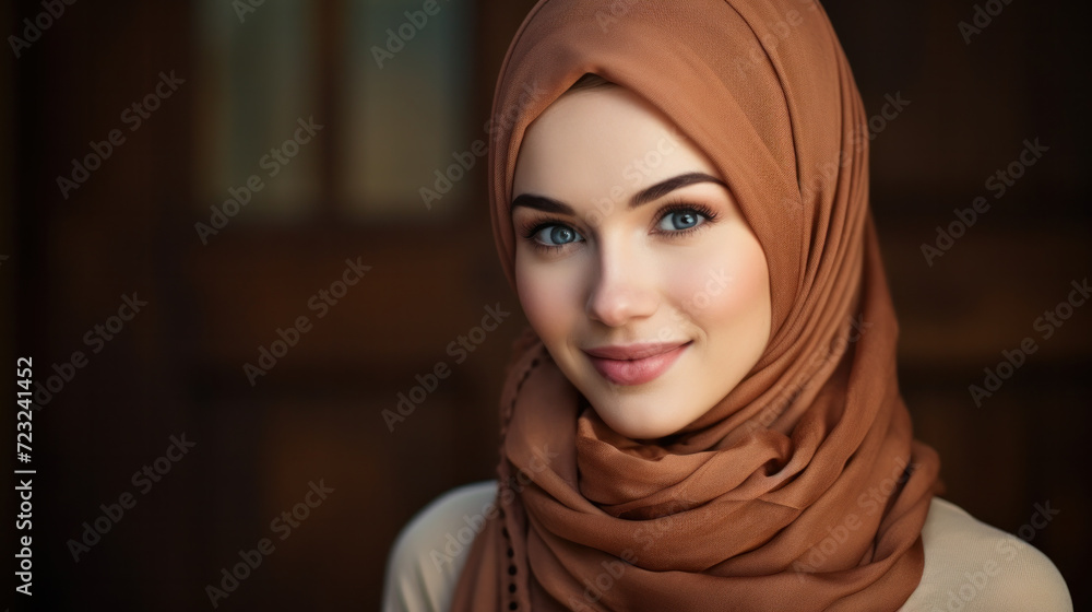 Portrait of young muslim woman wearing hijab head scarf in city while looking at camera. Closeup face of cheerful woman covered with headscarf smiling outdoor. Casual islamic girl at park. Portrait of young muslim woman wearing hijab head scarf in city while looking at camera. Closeup face of cheerful woman covered with headscarf smiling outdoor. Casual islamic girl at park.