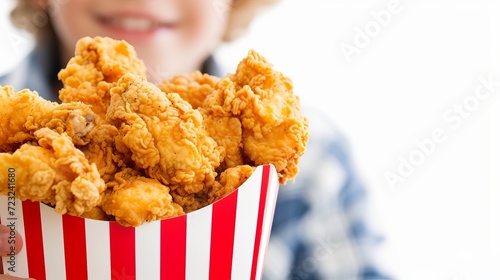 Happy preteen eating fried chicken in restaurant with blurred background and copy space