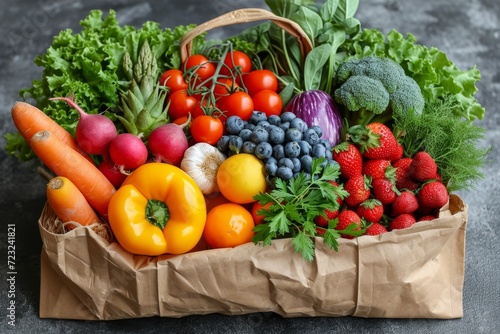 A craft bag with vegetables and fruits on a light background. Food delivery