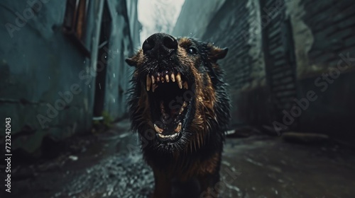 Dog aggression. Top Most Aggressive Dog Breeds. Aggressive dog snarling fiercely, sharp teeth and bristled fur, dark alley , tension and danger in the air. photo