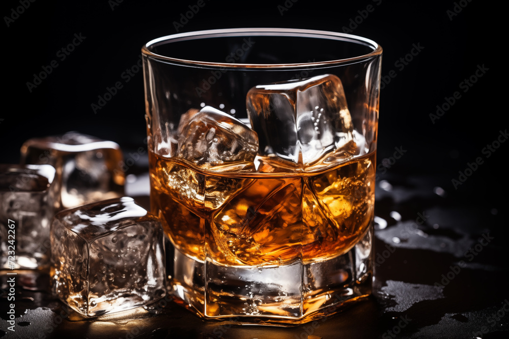 Whiskey on Ice in einem rauchig holzigen Umfeld, Genuss und Lifestyle Whiskey on Ice in einem rauchig holzigen Umfeld, Genuss und Lifestyle