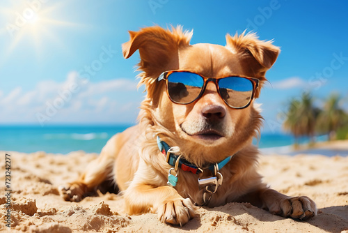 A cute dog with sunglasses is enjoying a vacation on a sunny day on a sandy beach, on a hot summer day in the ocean. © Design_Stock