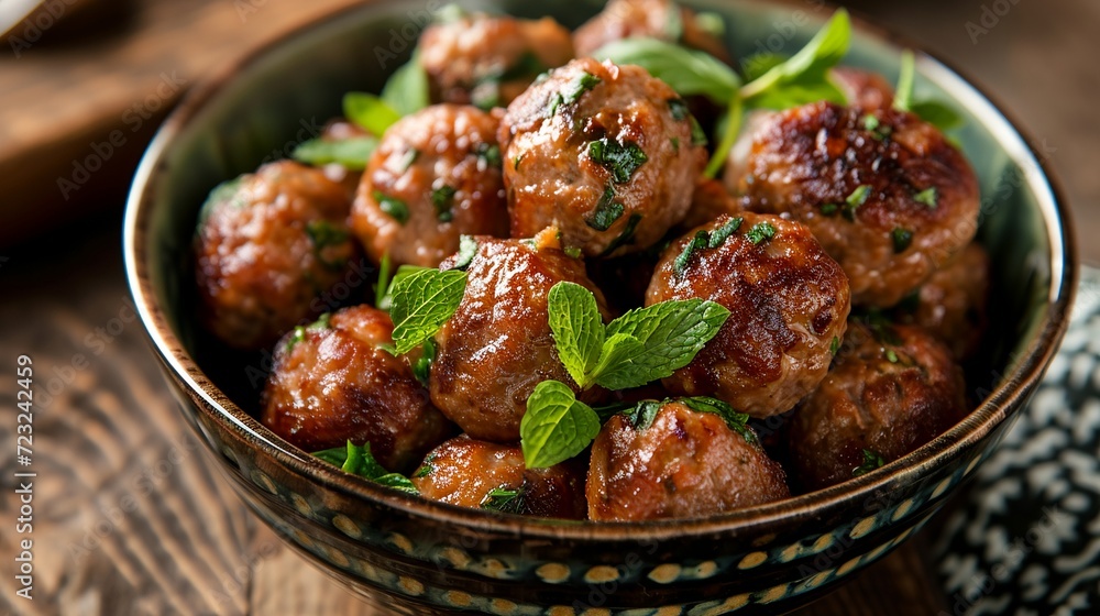 A bowl of meatballs garnished with mint leaves