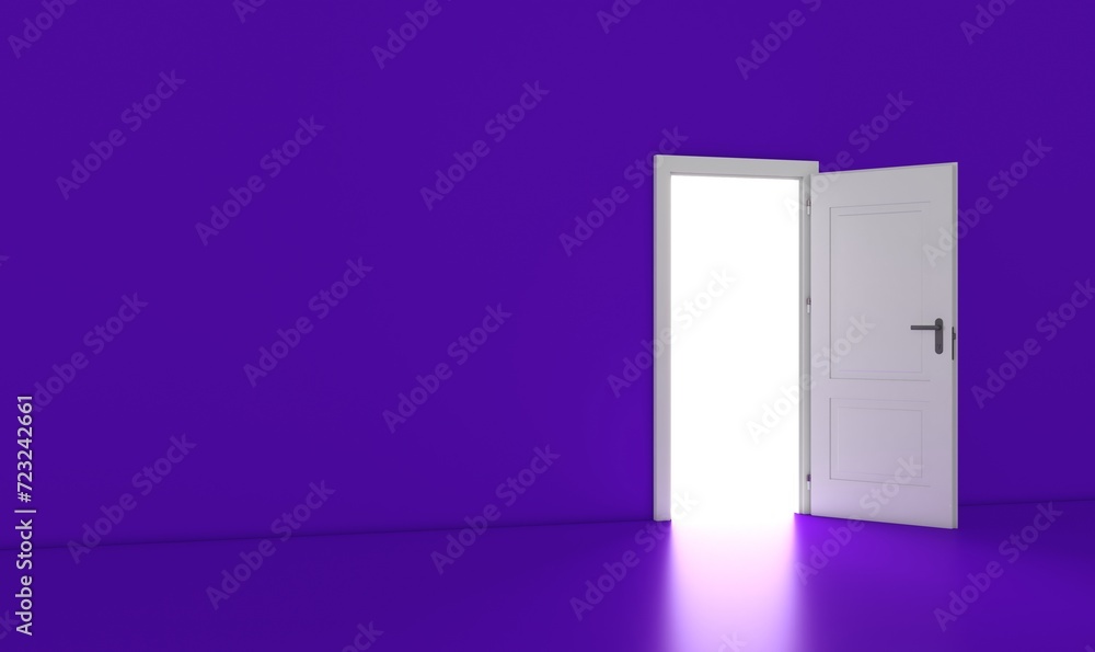Open the door. Symbol of new career, opportunities, business ventures and initiative. Business concept. 3d render, white light inside open door isolated on purple background. Modern minimal concept. Open the door. Symbol of new career, opportunities, business ventures and initiative. Business concept. 3d render, white light inside open door isolated on purple background. Modern minimal concept.