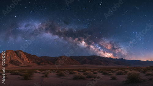 A desert landscape at night under a star-filled sky and the glow of the Milky Way.