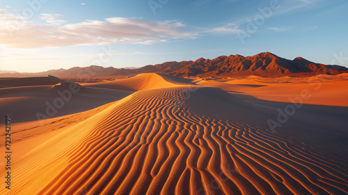A desert landscape at sunset with long shadows and vibrant colors across the sand dunes.