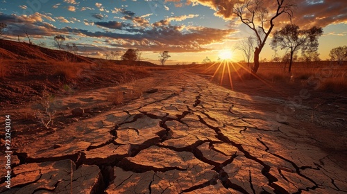 Global warming, extreme weather events, a cracked, dry outback. Climate Change Impact on Dry Cracked Outback Landscape photo