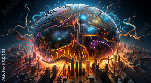 Farbenfrohes Gehirn zur Darstellung von kreativer künstlicher Intelligenz, psychodelisch, bunte Gedankenwelt