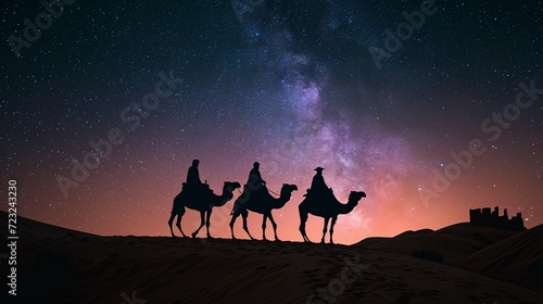 Ramadan concept with camels in the desert at night