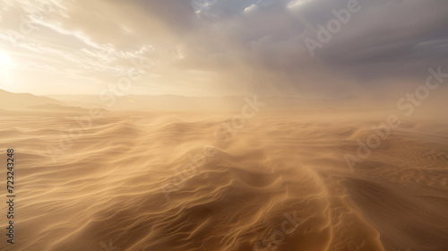 A desert landscape experiencing a rare and powerful sandstorm with swirling sands and a hazy sky.