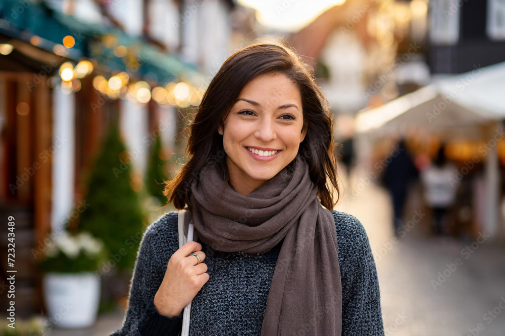Portrait einer lächelnden, dunkelhaarigen jungen Frau mit dunkelgrauem Pullover und brauem Schal in einer kleinen Einkaufsstraße Portrait einer lächelnden, dunkelhaarigen jungen Frau mit dunkelgrauem Pullover und brauem Schal in einer kleinen Einkaufsstraße
