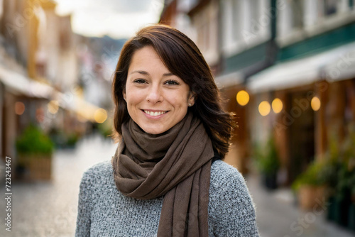 Portrait einer lächelnden, dunkelhaarigen jungen Frau mit grauem Pullover und brauem Schal in einer kleinen Einkaufsstraße photo