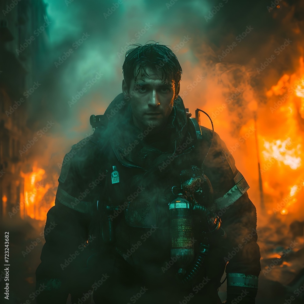 Intense gaze of a firefighter amidst blazing flames. heroic and bold. dark cinematic tone. suspenseful mood. generative AI Intense gaze of a firefighter amidst blazing flames. heroic and bold. dark cinematic tone. suspenseful mood. generative AI