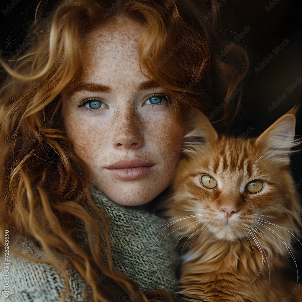 Red-Haired young woman with freckles and a fluffy ginger cat. intimate portrait, warm tones. modern photography style. generative AI