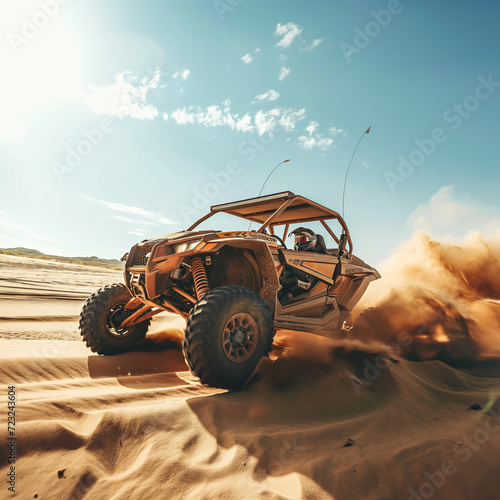 UTV buggy in the action on sand with sunshine
