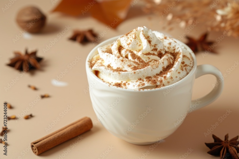 Beige background with whipped cream and cinnamon on cappuccino Beige background with whipped cream and cinnamon on cappuccino