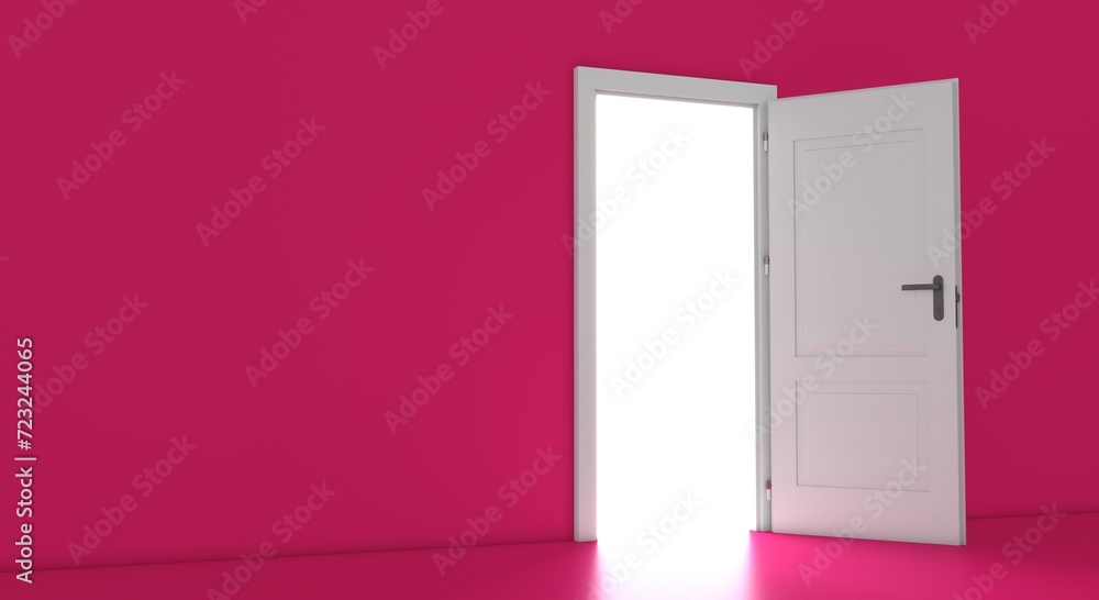 Open the door. Symbol of new career, opportunities, business ventures and initiative. Business concept. 3d render, white light inside open door isolated on pink background. Modern minimal concept.
Open the door. Symbol of new career, opportunities, business ventures and initiative. Business concept. 3d render, white light inside open door isolated on pink background. Modern minimal concept.