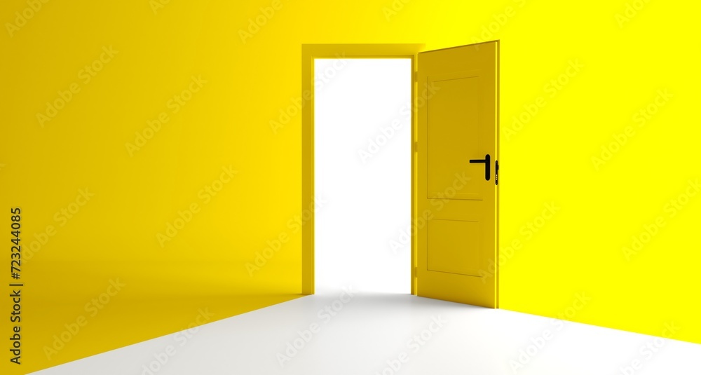 Open the door. Symbol of new career, opportunities, business ventures and initiative. Business concept. 3d render, white light inside open door isolated on yellow background. Modern minimal concept.
Open the door. Symbol of new career, opportunities, business ventures and initiative. Business concept. 3d render, white light inside open door isolated on yellow background. Modern minimal concept.