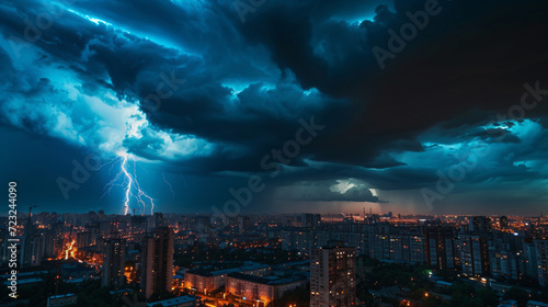 A dramatic thunderstorm over a cityscape.
