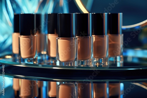 Product Photography, A series of high-end foundation bottles arranged on a sleek, mirrored surface