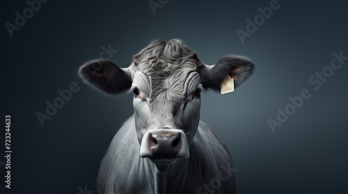 Portrait einer silber-grauen Kuh vor grauem Hintergrund. Solo, frontal. Fotorealistische Illustration