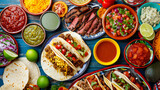 A festive Mexican taco spread with soft tortillas grilled meats and a variety of colorful toppings and sauces.