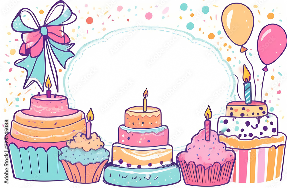 Watercolor style happy birthday card, frame, big bow, gift box, small cupcakes, candles, place for inscription Watercolor style happy birthday card, frame, big bow, gift box, small cupcakes, candles, place for inscription