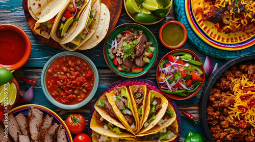 A festive Mexican taco spread with soft tortillas grilled meats and a variety of colorful toppings and sauces.