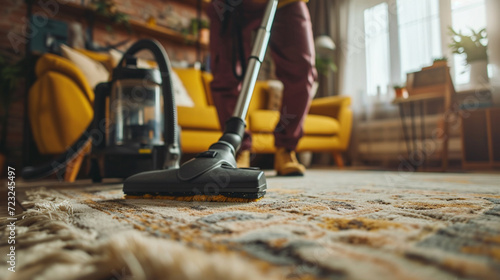 Cleaning carpet with a vacuum cleaner in the living room at home