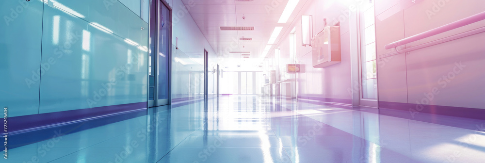 Fototapeta premium empty hospital interior, light corridor with doors, blurred background