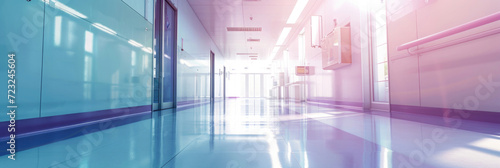 empty hospital interior, light corridor with doors, blurred background