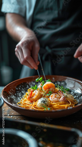 In the kitchen on a wooden table  there is a clay plate  100 grams of spaghetti intertwined with juicy shrimp and spices. Soft diffused light envelops the plate  Italian cuisine  and culinary art.