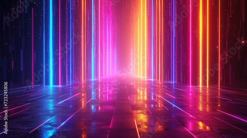 Abstract background with ascending colorful neon lines, glowing trails.