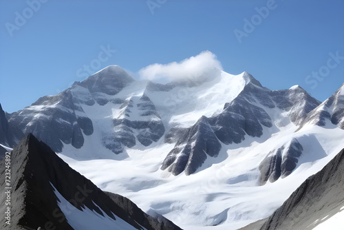 A majestic snow-capped mountain rises above a forest under a clear blue sky.