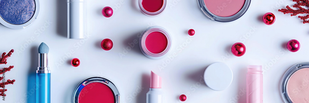 beauty cosmetics makeup with red balls, top shot on a blue background with palm leaves beauty cosmetics makeup with red balls, top shot on a blue background with palm leaves