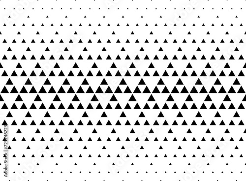 Geometric pattern of black triangles on a white background. Seamless in one direction. Medium fade out