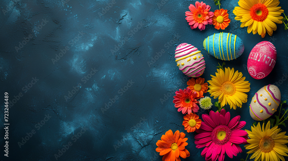 Cute frame of twigs and flowers with Easter colorful eggs on a spring background, top view.