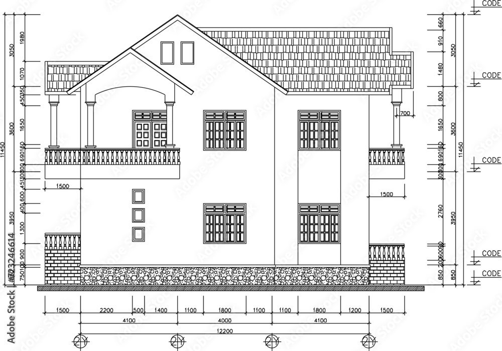 Vector sketch illustration design architectural engineering drawing view of a simple house building